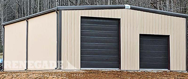 Tan steel building with brown doors and trim