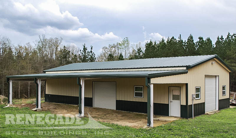 Steel building garage with open lean to