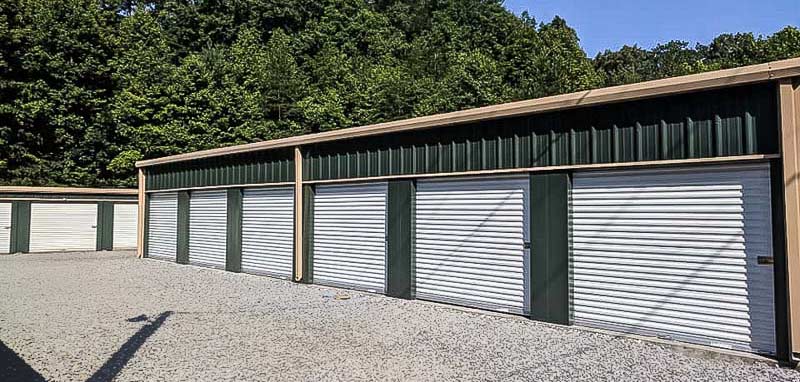Self Storage Steel Building green and tan