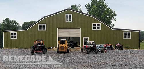 Gambrel style steel building with green wall