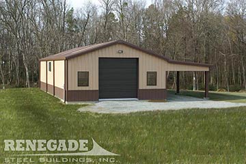 Tan and brown residential steel building with lean to
