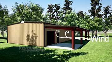 steel building with lean to illustration showing wind effect