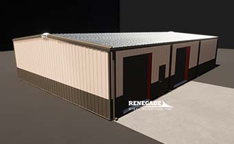 40x60 Renegade steel buildings tan with wainscot and eave extensions illustration