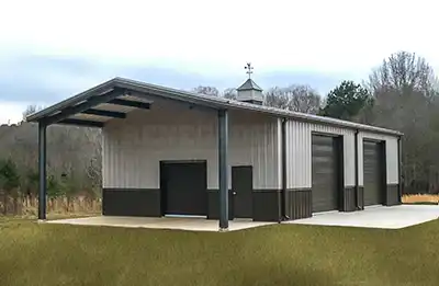 30x65 Renegade Steel Building with open bay, gray walls, burnished slate wainscot and trim.