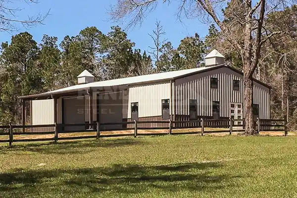 steel building barndominium with tan wall and brown wainscot and trim