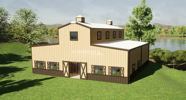 renegade steel building barndominium monitor style, tan with bronze trim