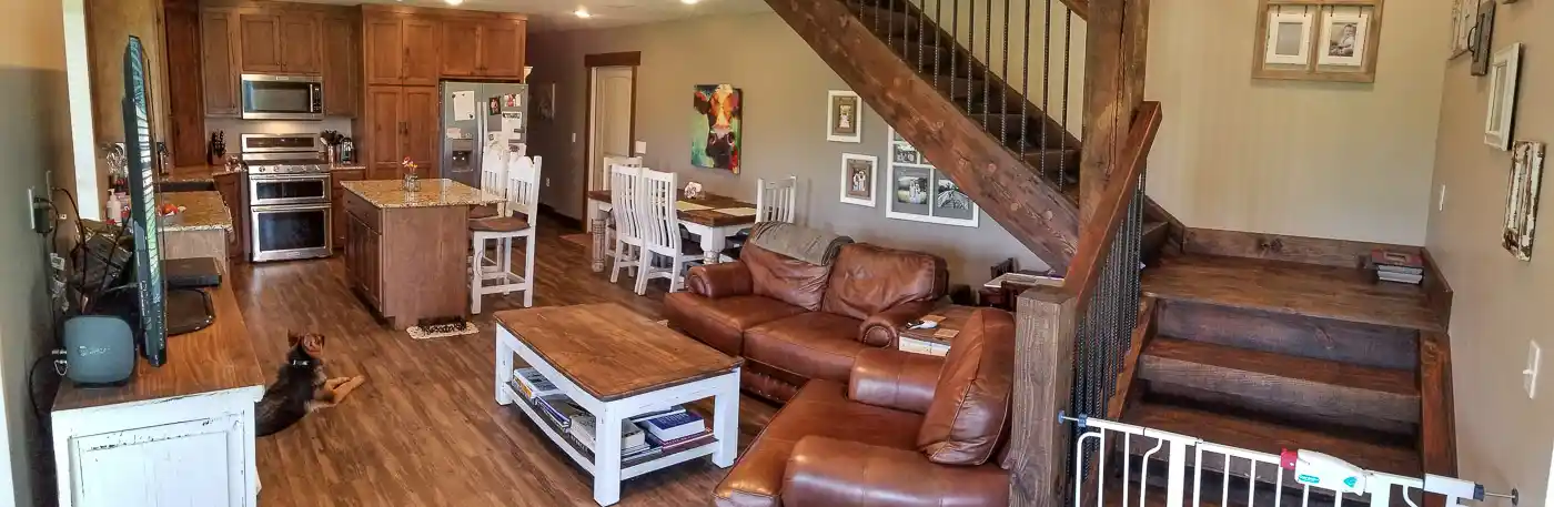 barndominium interior living room and kitchen