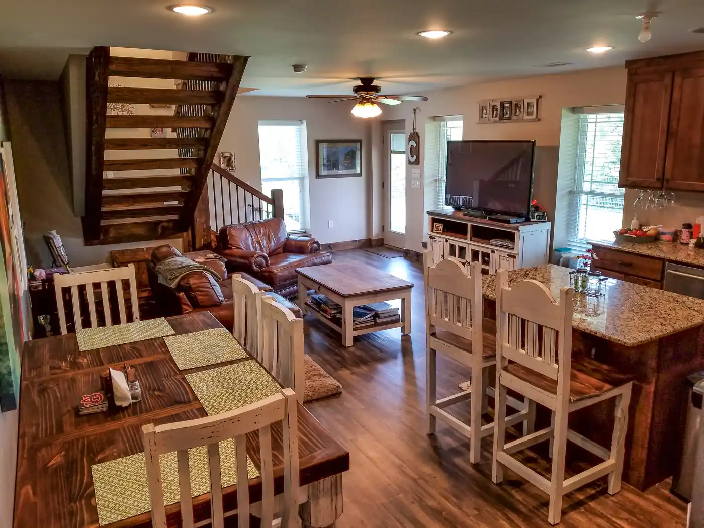 barndominium interior kitchen and living area