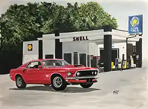 McPhailart painting of Boss 429 mustang in front of Bookout's service station in Etowah, TN.