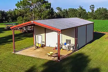 steel building man cave exterior with open bay