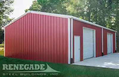 Red Renegade Steel Building with white trim and doors