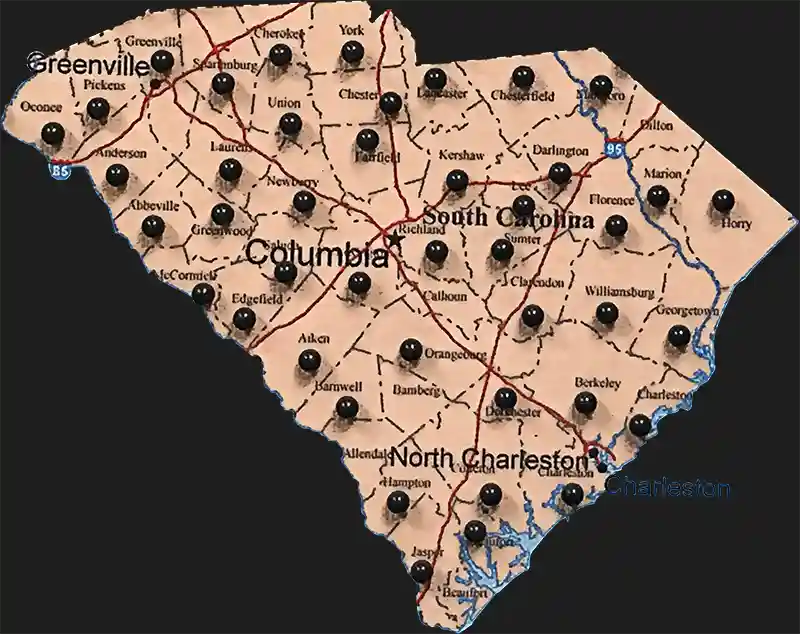 Map of Renegade Steel Buildings in South Carolina by county