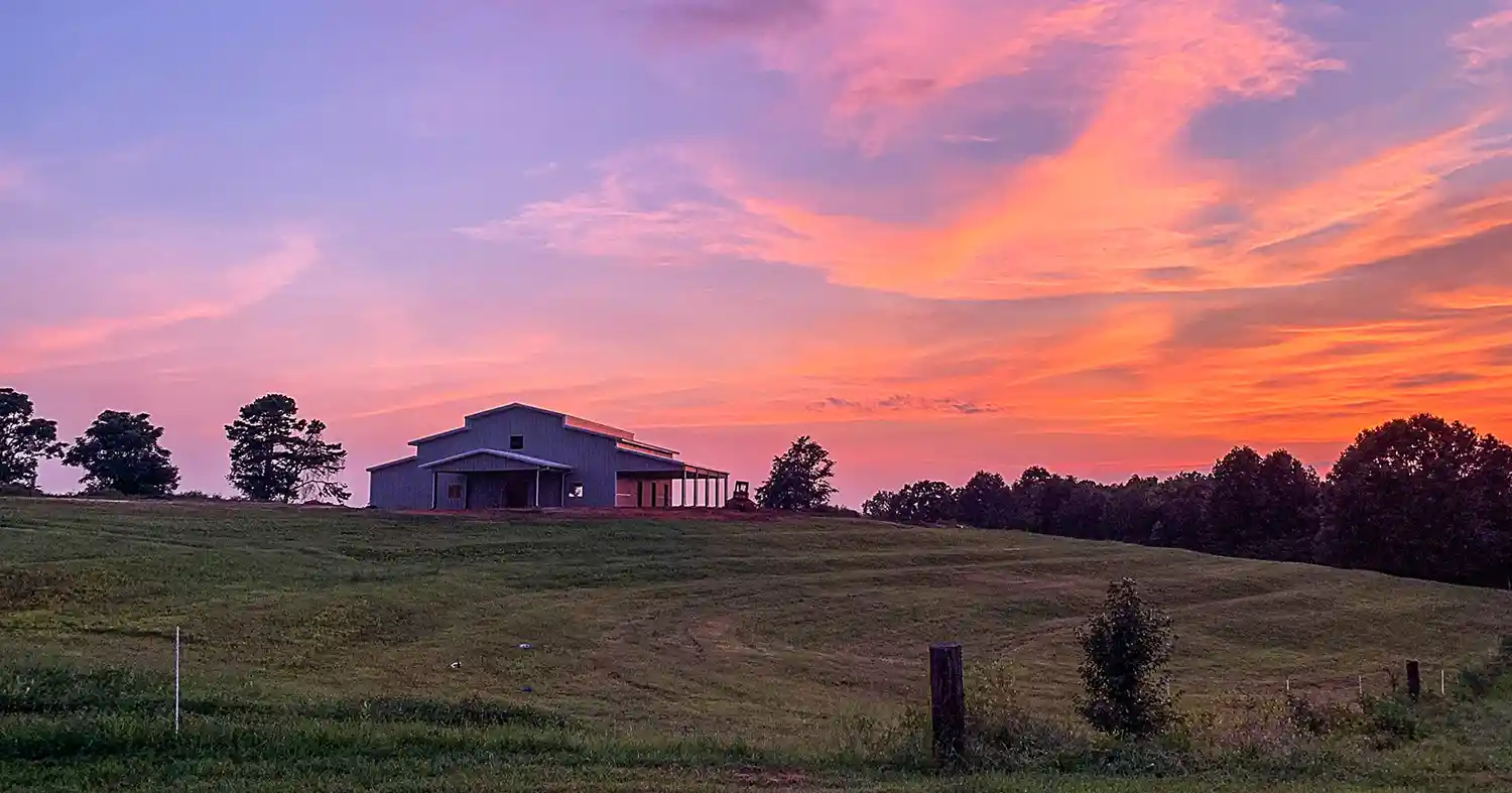 Renegade Steel Building Wedding Venue at sunset
