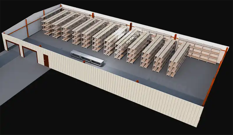 50x100 metal building warehouse cutaway illustration