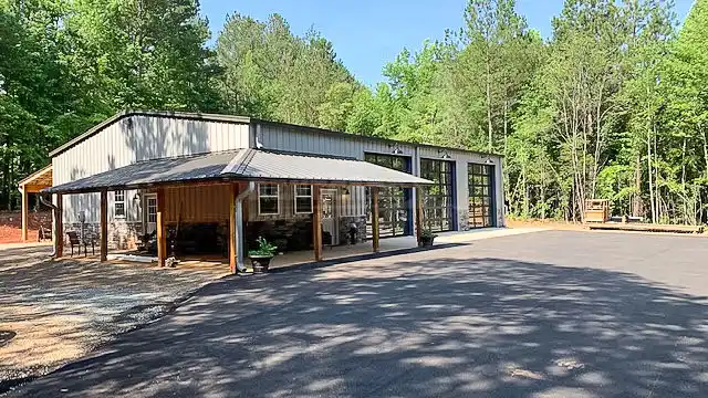 Steel Building Garage with tan walls and brown trim