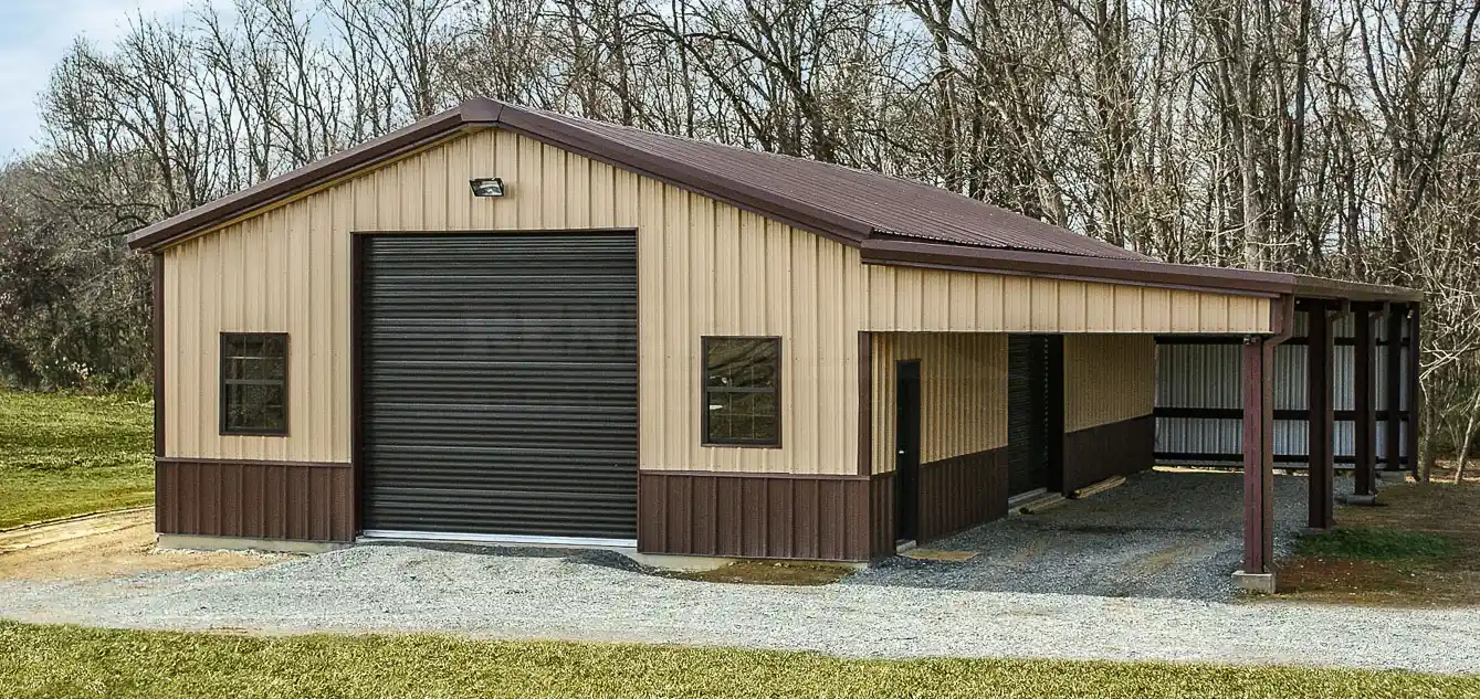 30x60 Tan and Brown building with open lean to on one side